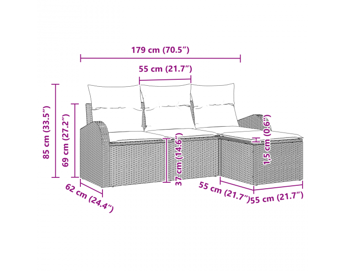 Sonata H 4 Частен Градински Диван Комплект с Възглавници Кафяв Полирано Ратан