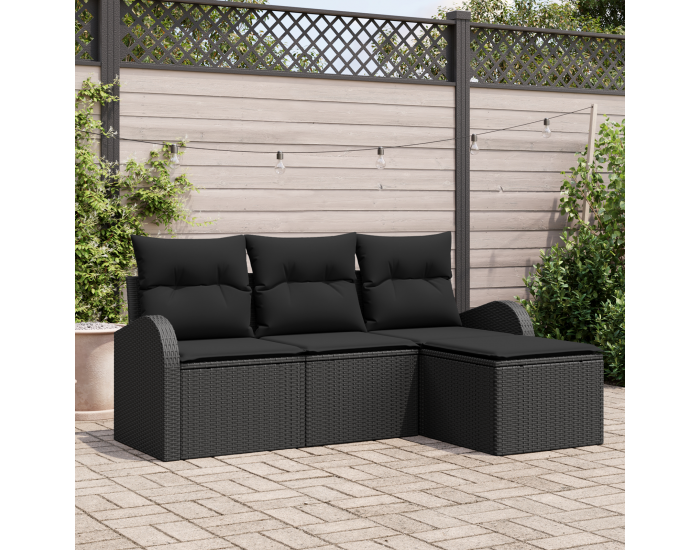 Sonata H 4 Членен Градински Диван Комплект с Възглавници Черен Поли Ратан