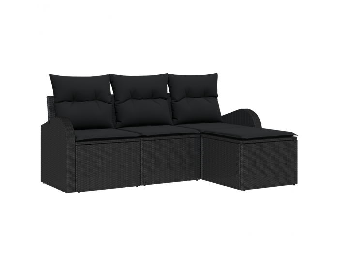 Sonata H 4 Членен Градински Диван Комплект с Възглавници Черен Поли Ратан