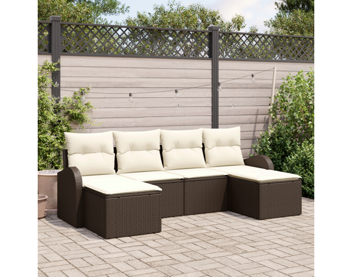 Сет от 6 части градински диван с възглавници Кафяво Полиране на ратан