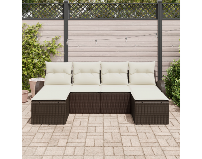 Сет от 6 части градински диван с възглавници Кафяво Полиране на ратан