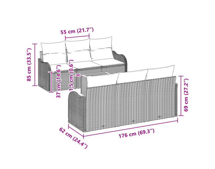 7 Часова градинска комплект с възглавници Черен Полиратан