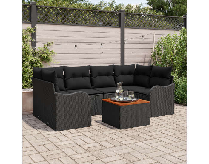 7 частен градински диван комплект с възглавници черен полиратан акация