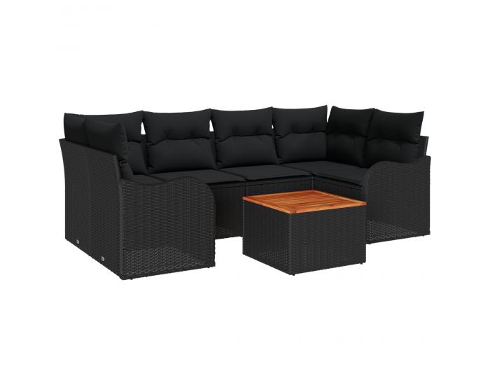 7 частен градински диван комплект с възглавници черен полиратан акация