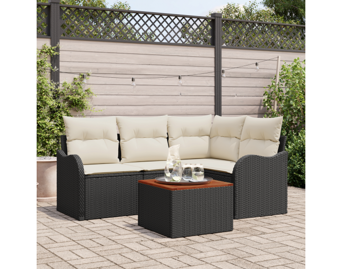 Sonata H 5 Частен Градински Диван Комплект с Възглавници Черен Поли Ратан Акация