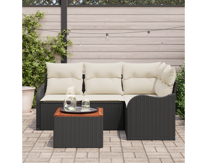 Sonata H 5 Частен Градински Диван Комплект с Възглавници Черен Поли Ратан Акация