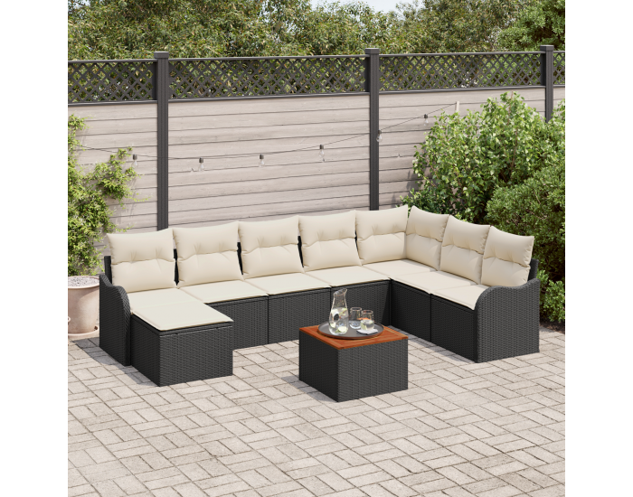9 частен комплект градински диван с възглавници Черен Полимерен ратан Акация