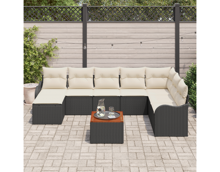 9 частен комплект градински диван с възглавници Черен Полимерен ратан Акация