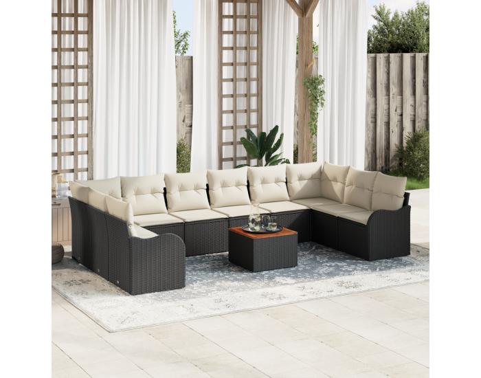 Сет за градина от 11 части с възглавници черен полиестерен ратан акация