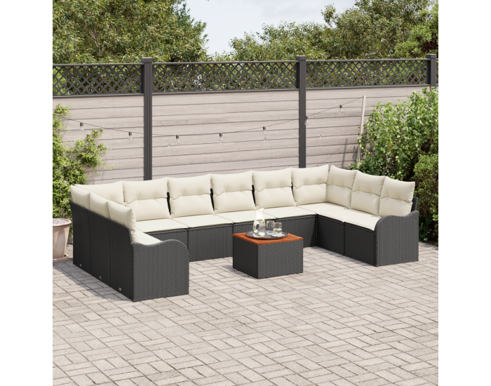 Сет за градина от 11 части с възглавници черен полиестерен ратан акация