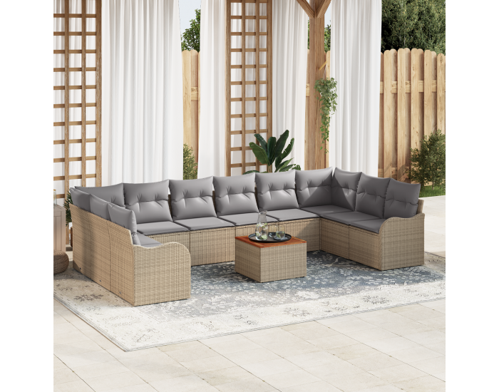 Sonata H 11-частен градински диван комплект с възглавници Бежов Полирано ратан Акация
