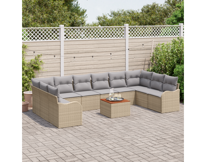 Sonata H 11-частен градински диван комплект с възглавници Бежов Полирано ратан Акация