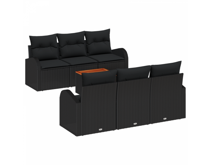Комплект от 7 части градински диван с възглавници Черен Полиратан Акация