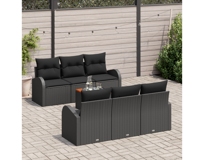 Комплект от 7 части градински диван с възглавници Черен Полиратан Акация