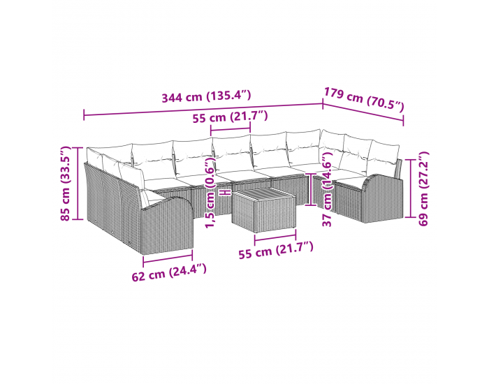 Sonata H 11 частен градински диван комплект с възглавници Черен полиращ акация