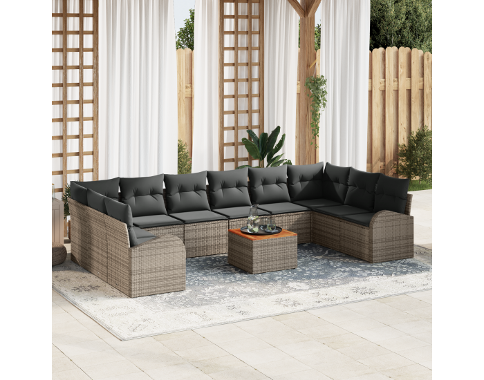 Sonata H 11 Часов Градински Диван Сет с Възглавници Сив Полиратан Акация