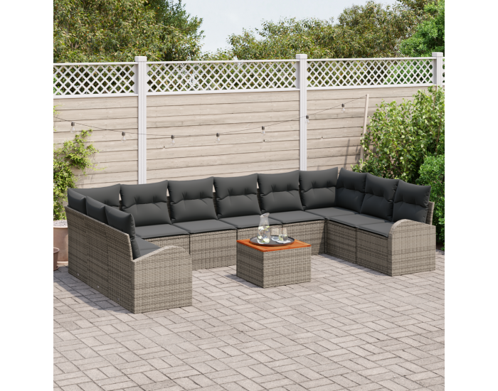 Sonata H 11 Часов Градински Диван Сет с Възглавници Сив Полиратан Акация