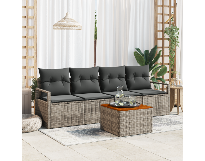 Sonata H 5 Частен Градински Диван Комплект с Възглавници Сиво Полиратан Акация