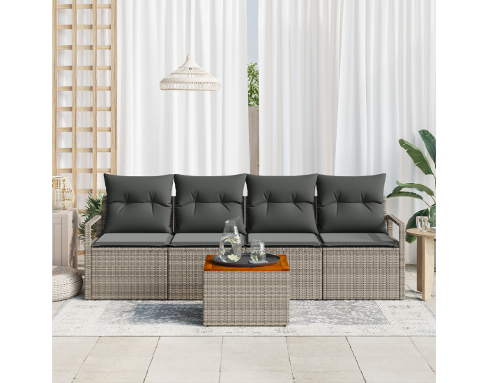 Sonata H 5 Частен Градински Диван Комплект с Възглавници Сиво Полиратан Акация