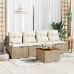 Sonata H 5 Piece Garden Sofa Set with Cushions Beige Poly Rattan Acacia - Sonata H