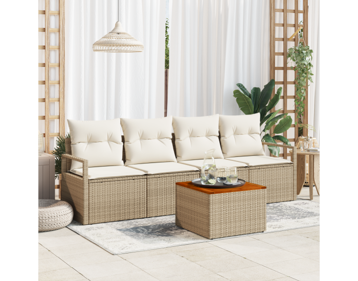 Sonata H 5 Piece Garden Sofa Set with Cushions Beige Poly Rattan Acacia