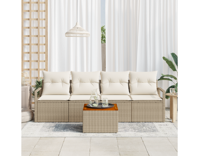 Sonata H 5 Piece Garden Sofa Set with Cushions Beige Poly Rattan Acacia