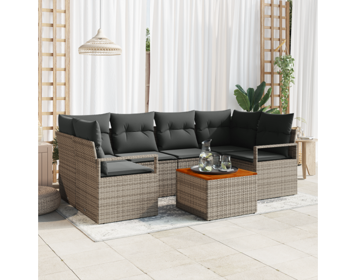 Градински Диван Комплект от 7 Части с Възглавници Сив Полиратан Акация