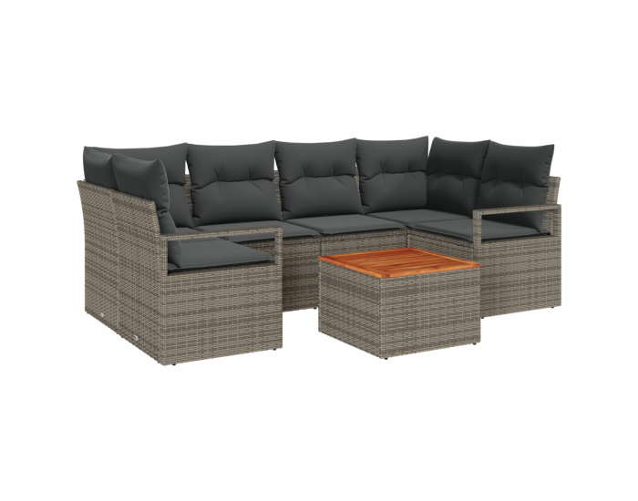 Градински Диван Комплект от 7 Части с Възглавници Сив Полиратан Акация