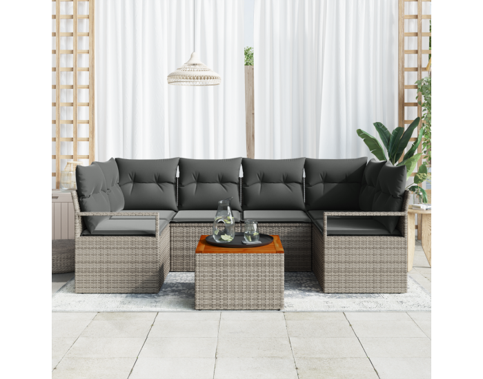 Градински Диван Комплект от 7 Части с Възглавници Сив Полиратан Акация