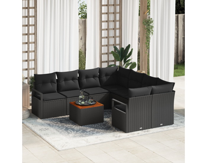 9-частов комплект градински дивани с възглавници Черен полиратан Акация