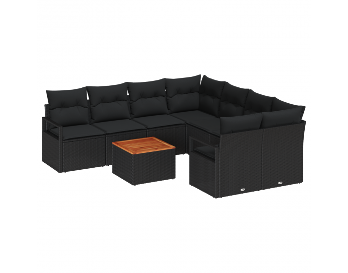 9-частов комплект градински дивани с възглавници Черен полиратан Акация