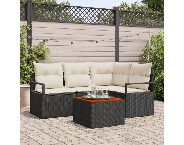 Sonata H 5 Частен Градински Диван Комплект с Възглавници Черен Полииратан Акация