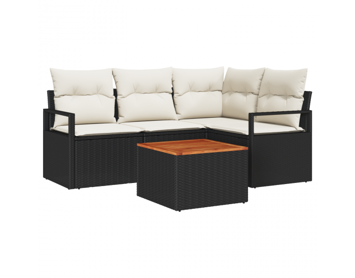 Sonata H 5 Частен Градински Диван Комплект с Възглавници Черен Полииратан Акация