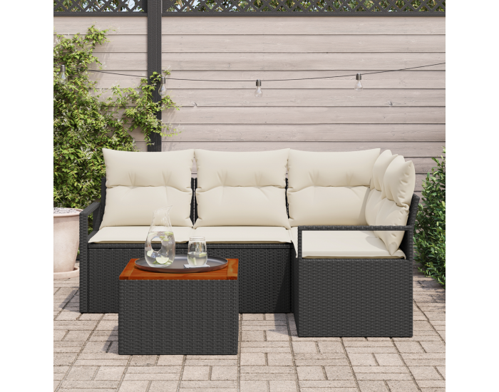 Sonata H 5 Частен Градински Диван Комплект с Възглавници Черен Полииратан Акация