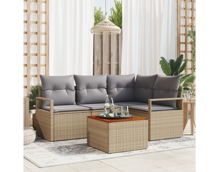 Комплект от 5 части градински диван с възглавници бежов полиестерен ратан акация