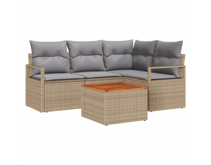 Комплект от 5 части градински диван с възглавници бежов полиестерен ратан акация
