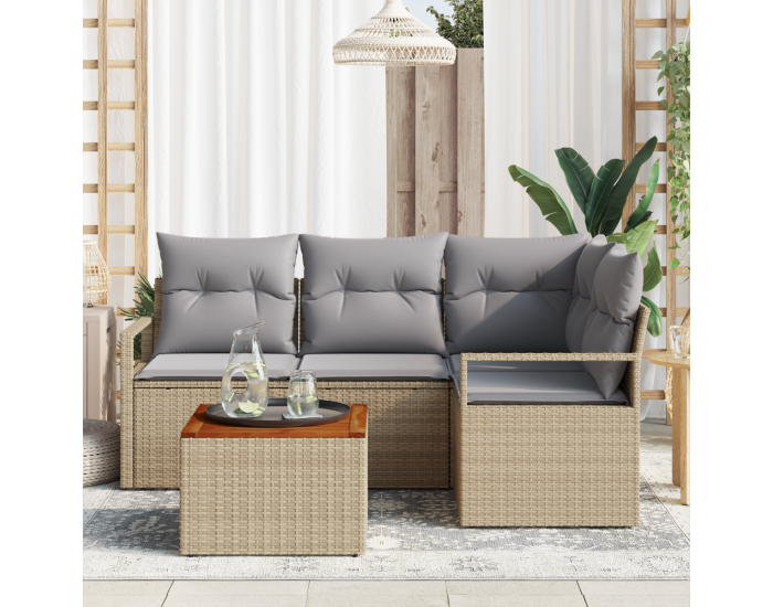 Комплект от 5 части градински диван с възглавници бежов полиестерен ратан акация