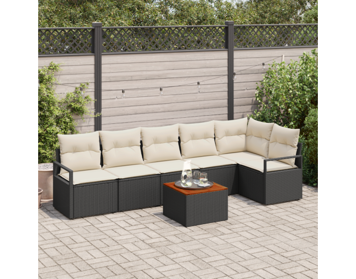 Комплект от 7 части градински дивани с възглавници черен полиратан акациева