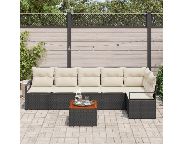 Комплект от 7 части градински дивани с възглавници черен полиратан акациева