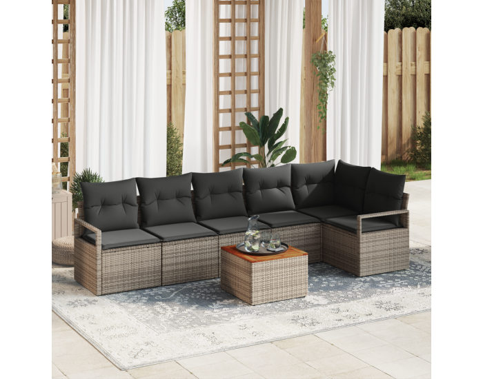 Комплект от 7 части градински диван с възглавници сиво полиратан акация