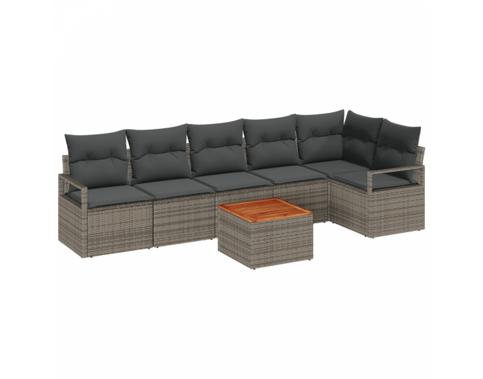 Комплект от 7 части градински диван с възглавници сиво полиратан акация