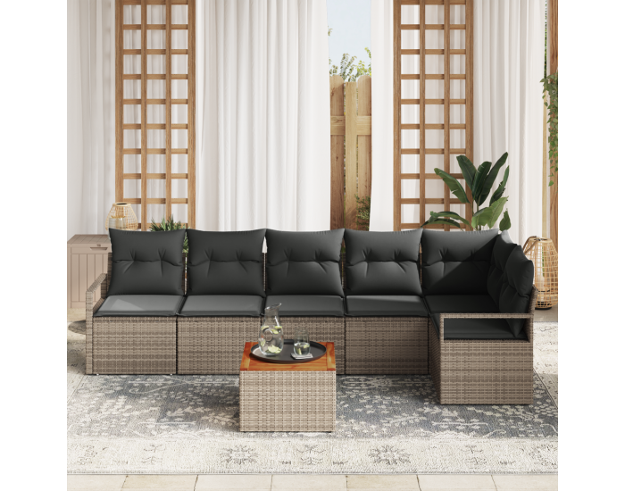 Комплект от 7 части градински диван с възглавници сиво полиратан акация