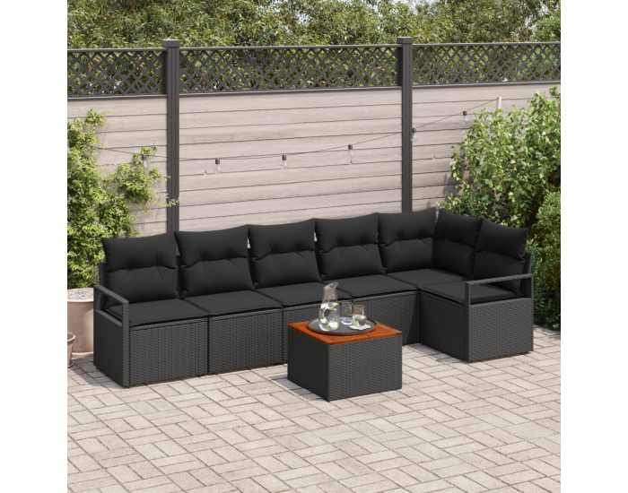 7 Часов комплект градински диван с възглавници черен полиратан акация