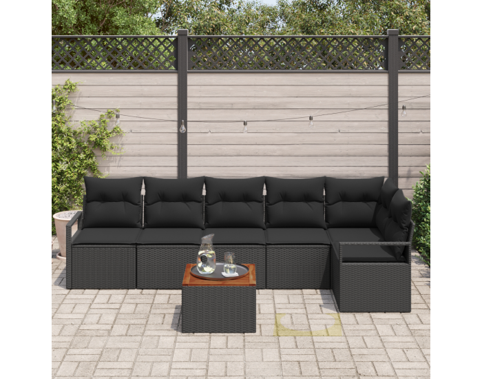 7 Часов комплект градински диван с възглавници черен полиратан акация