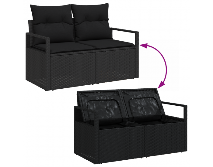 7 Часов комплект градински диван с възглавници черен полиратан акация