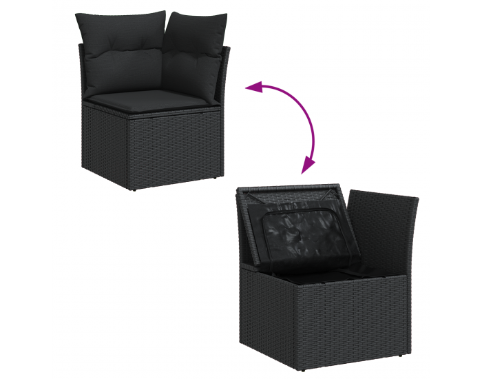 7 Часов комплект градински диван с възглавници черен полиратан акация