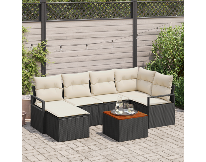 Комплект градински дивани с възглавници 7 части черен поли ратан акация