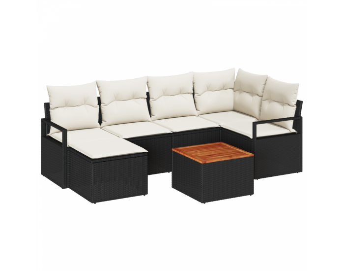 Комплект градински дивани с възглавници 7 части черен поли ратан акация