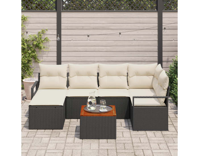 Комплект градински дивани с възглавници 7 части черен поли ратан акация