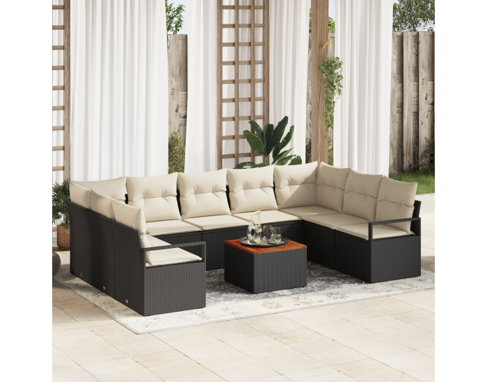 Sonata H 10-частен градински диван комплект с възглавници Черен полиратан акация